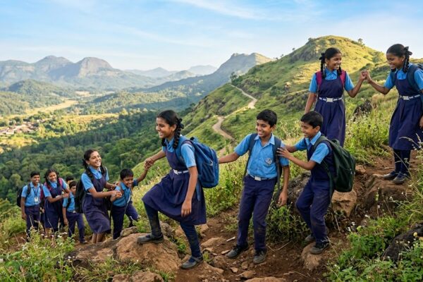 एक-दूसरे का हाथ थामकर आगे बढ़ते विद्यार्थी, जो एकता, सहयोग और आत्मविश्वास का प्रतीक हैं।