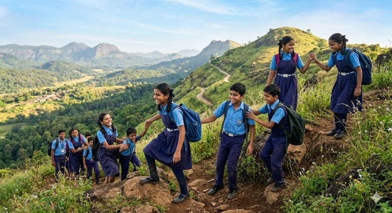 एक-दूसरे का हाथ थामकर आगे बढ़ते विद्यार्थी, जो एकता, सहयोग और आत्मविश्वास का प्रतीक हैं।
