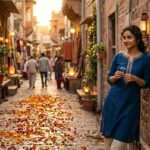 सांझ के समय फूलों से सजे रास्ते पर अपने प्रिय का इंतजार करता एक प्रेमी, जिसकी आँखों में प्रेम और उम्मीद झलक रही है।