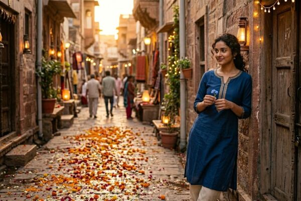 सांझ के समय फूलों से सजे रास्ते पर अपने प्रिय का इंतजार करता एक प्रेमी, जिसकी आँखों में प्रेम और उम्मीद झलक रही है।