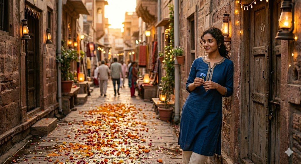 सांझ के समय फूलों से सजे रास्ते पर अपने प्रिय का इंतजार करता एक प्रेमी, जिसकी आँखों में प्रेम और उम्मीद झलक रही है।