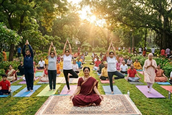A diverse group of Indian people, including children, adults, and senior citizens, practicing yoga together in a green park at sunrise, promoting health, wellness, and community spirit.