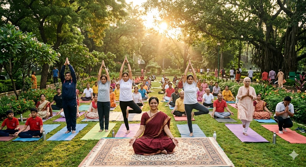 A diverse group of Indian people, including children, adults, and senior citizens, practicing yoga together in a green park at sunrise, promoting health, wellness, and community spirit.