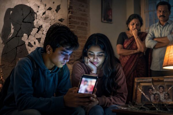 यूट्यूब और सोशल मीडिया पर बढ़ती अश्लील सामग्री के दुष्प्रभाव तथा भारतीय समाज और संस्कारों पर उसके प्रभाव का प्रतीकात्मक दृश्य।