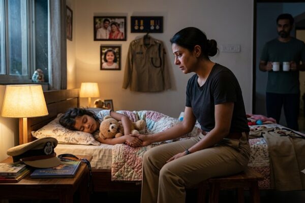 रात में अपनी सोती हुई बेटी को देखते हुए चिंतन में डूबी महिला आईपीएस अधिकारी