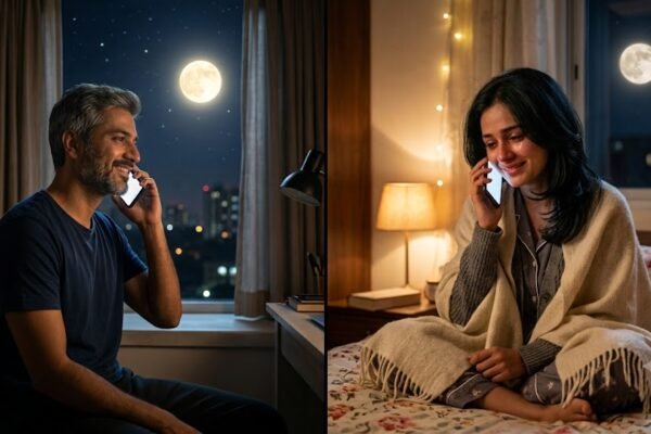 रात में फोन पर बात करते राघव और रिद्धिमा, जिनके चेहरों पर प्रेम और अपनापन झलक रहा है