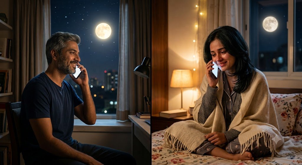 रात में फोन पर बात करते राघव और रिद्धिमा, जिनके चेहरों पर प्रेम और अपनापन झलक रहा है
