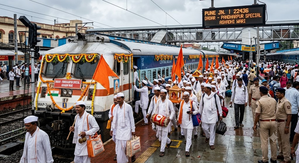 दादर से पंढरपुर जाने वाली आषाढ़ी वारी 2026 विशेष ट्रेन में यात्रा करते श्रद्धालु