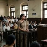 न्यायालय में कटघरे में खड़ी एक गर्भवती महिला, सामने न्यायाधीश और गंभीर माहौल।