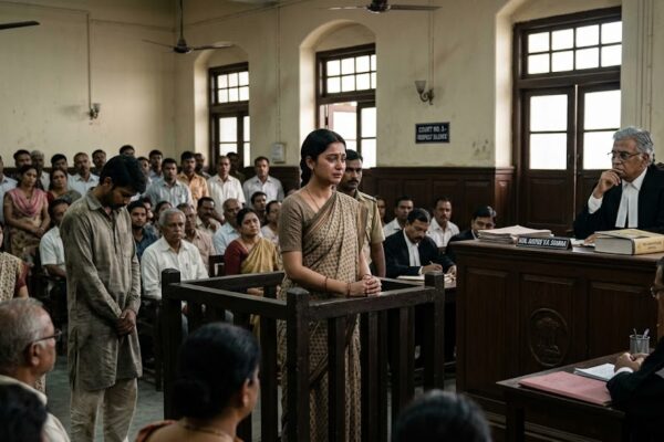 न्यायालय में कटघरे में खड़ी एक गर्भवती महिला, सामने न्यायाधीश और गंभीर माहौल।