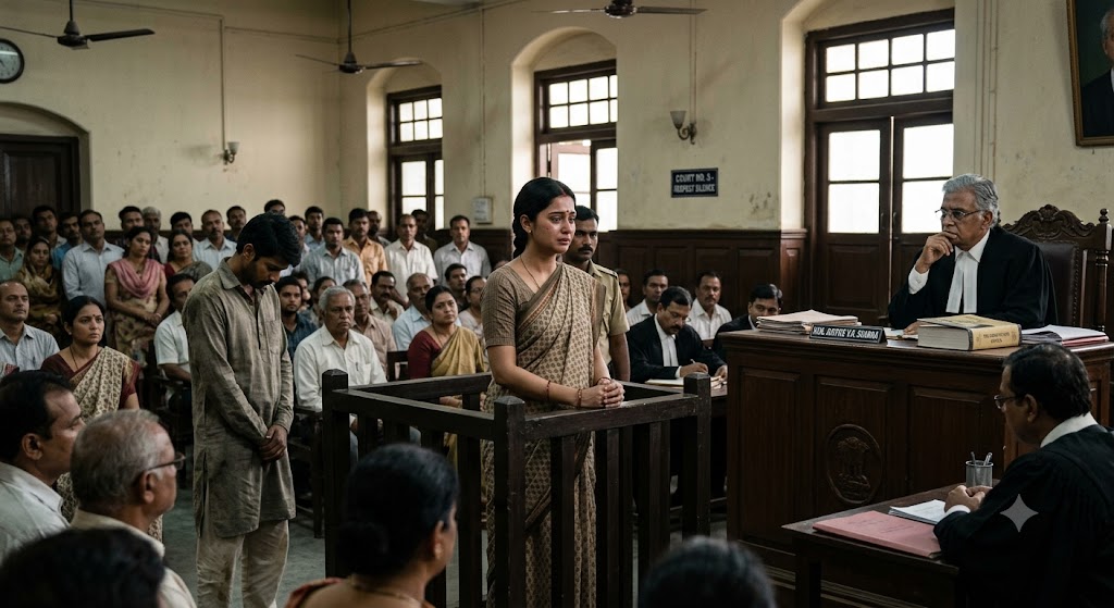 न्यायालय में कटघरे में खड़ी एक गर्भवती महिला, सामने न्यायाधीश और गंभीर माहौल।