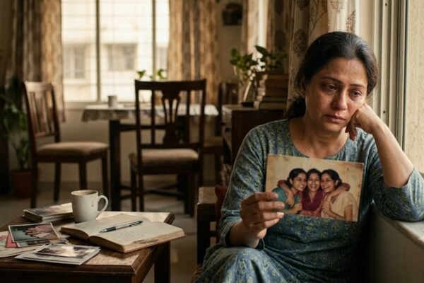 तीन दोस्तों की यादों को दर्शाता भावनात्मक दृश्य, एक महिला अकेली बैठी पुरानी दोस्ती को याद करती हुई।