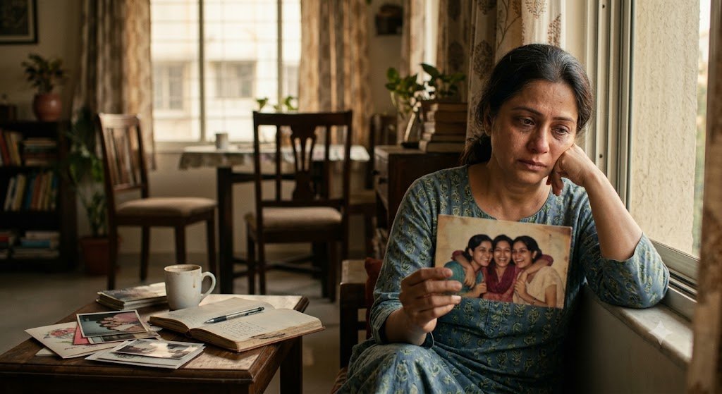 तीन दोस्तों की यादों को दर्शाता भावनात्मक दृश्य, एक महिला अकेली बैठी पुरानी दोस्ती को याद करती हुई।
