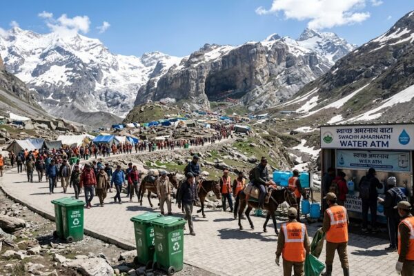 अमरनाथ यात्रा मार्ग पर बाबा बर्फानी के दर्शन के लिए जाते श्रद्धालु और स्वच्छता अभियान के तहत लगाए गए डस्टबिन