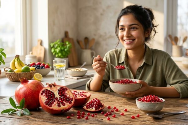 ताजे अनार के दाने खाते हुए स्वस्थ त्वचा वाली युवती, ग्लोइंग स्किन के लिए अनार के फायदे.
