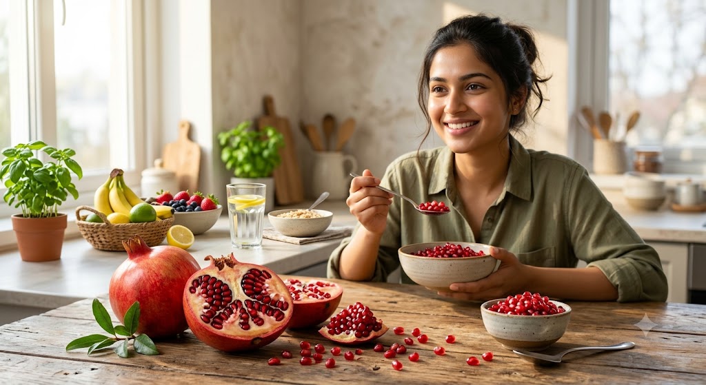 ताजे अनार के दाने खाते हुए स्वस्थ त्वचा वाली युवती, ग्लोइंग स्किन के लिए अनार के फायदे.