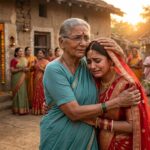 "भारतीय ग्रामीण आँगन में एक वृद्ध सास अपनी नवविवाहिता बहू को स्नेहपूर्वक गले लगाते हुए। बहू लाल दुल्हन के परिधान में है और दोनों की आँखों में भावुकता झलक रही है। पारंपरिक विवाह की सजावट, गेंदे के फूल और गोधूलि की सुनहरी रोशनी इस माँ-बेटी जैसे रिश्ते की आत्मीयता को दर्शा रही है।"