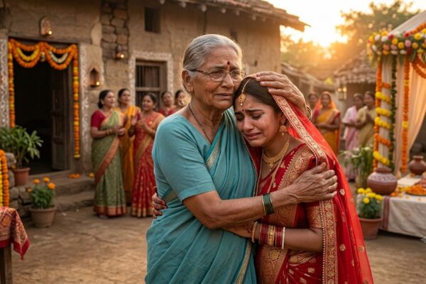 "भारतीय ग्रामीण आँगन में एक वृद्ध सास अपनी नवविवाहिता बहू को स्नेहपूर्वक गले लगाते हुए। बहू लाल दुल्हन के परिधान में है और दोनों की आँखों में भावुकता झलक रही है। पारंपरिक विवाह की सजावट, गेंदे के फूल और गोधूलि की सुनहरी रोशनी इस माँ-बेटी जैसे रिश्ते की आत्मीयता को दर्शा रही है।"