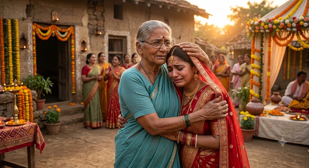 "भारतीय ग्रामीण आँगन में एक वृद्ध सास अपनी नवविवाहिता बहू को स्नेहपूर्वक गले लगाते हुए। बहू लाल दुल्हन के परिधान में है और दोनों की आँखों में भावुकता झलक रही है। पारंपरिक विवाह की सजावट, गेंदे के फूल और गोधूलि की सुनहरी रोशनी इस माँ-बेटी जैसे रिश्ते की आत्मीयता को दर्शा रही है।"