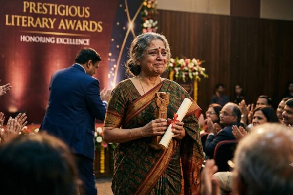 साहित्य पुरस्कार प्राप्त करती मुस्कुराती महिला, जिसके चेहरे पर संघर्ष से मिली सफलता की चमक है।
