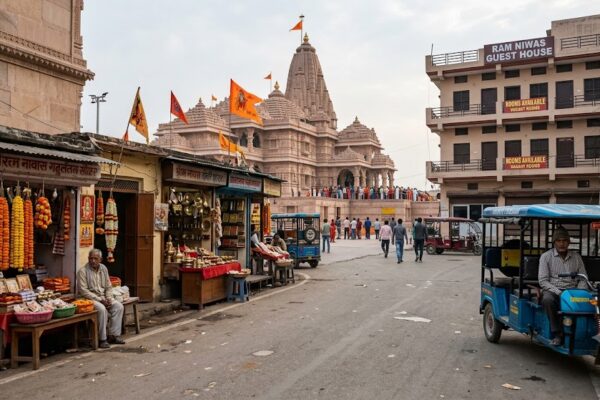 राम मंदिर के पास श्रद्धालुओं की आवाजाही के बीच ग्राहकों का इंतजार करते अयोध्या के स्थानीय दुकानदार