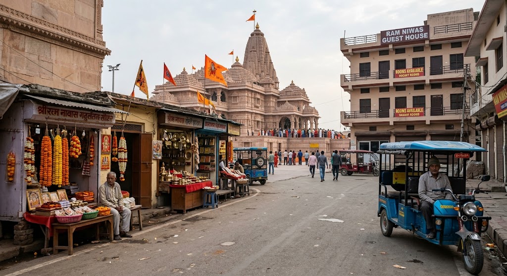 राम मंदिर के पास श्रद्धालुओं की आवाजाही के बीच ग्राहकों का इंतजार करते अयोध्या के स्थानीय दुकानदार