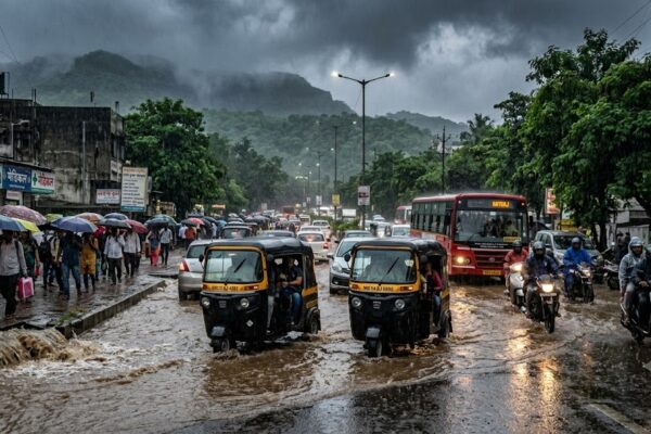 पुणे में मूसलाधार बारिश के दौरान जलभराव, सड़क पर चलते वाहन और घने बादल