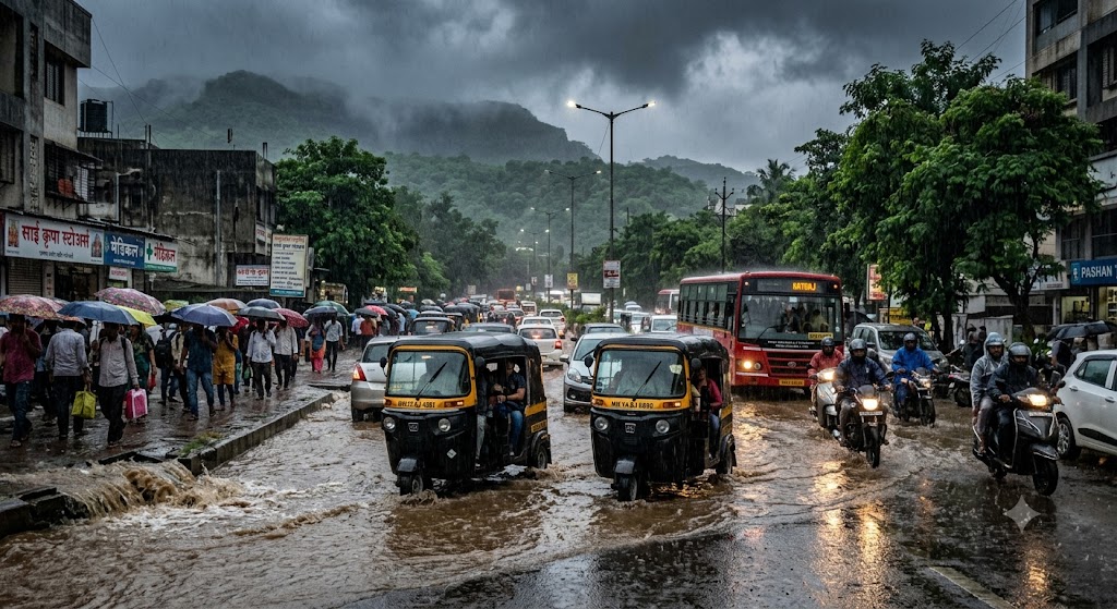 पुणे में मूसलाधार बारिश के दौरान जलभराव, सड़क पर चलते वाहन और घने बादल