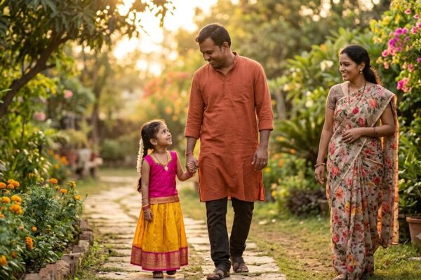 पिता की उंगली पकड़कर चलती छोटी बेटी