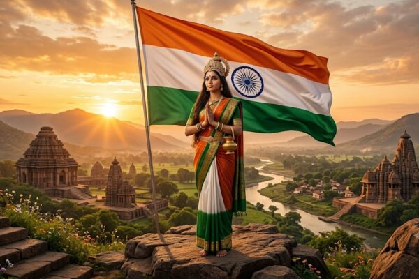 भारत के मानचित्र और उगते सूर्य की प्रतीकात्मक कलात्मक छवि