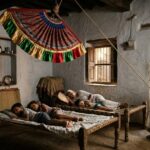 डोरी से चलने वाला पारंपरिक झालरदार बीजना, जिसके नीचे गर्मी की दोपहर में परिवार सुकून से विश्राम कर रहा है।