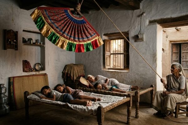 डोरी से चलने वाला पारंपरिक झालरदार बीजना, जिसके नीचे गर्मी की दोपहर में परिवार सुकून से विश्राम कर रहा है।