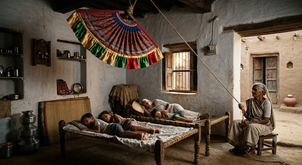 डोरी से चलने वाला पारंपरिक झालरदार बीजना, जिसके नीचे गर्मी की दोपहर में परिवार सुकून से विश्राम कर रहा है।