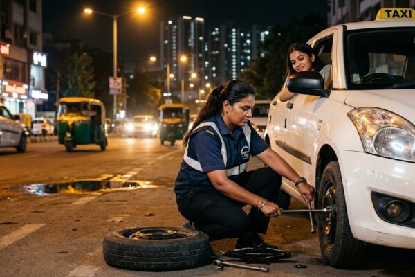 कैब चलाती आत्मनिर्भर महिला ड्राइवर देवर्षि, रात की यात्रा के दौरान प्रेरणा देती हुई।