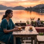 झील किनारे कैफ़े में दो कप चाय के साथ बैठी महिला, अपने मित्र की यादों में खोई हुई, सच्ची दोस्ती पर आधारित भावनात्मक हिंदी कहानी।