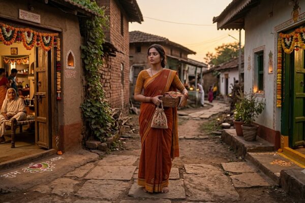 अपना घर कविता पर आधारित भावुक चित्र, एक लड़की अपने घर के सपनों में खोई हुई