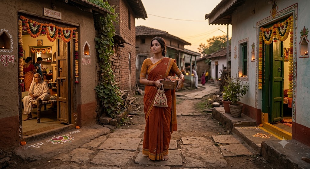 अपना घर कविता पर आधारित भावुक चित्र, एक लड़की अपने घर के सपनों में खोई हुई