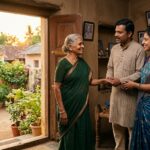 मुस्कुराती बुज़ुर्ग माँ अपने बेटे-बहू के साथ घर के आँगन में खड़ी, परिवार के अपनापन और सुरक्षा का भावनात्मक दृश्य।