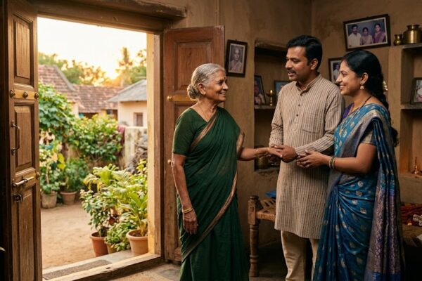 मुस्कुराती बुज़ुर्ग माँ अपने बेटे-बहू के साथ घर के आँगन में खड़ी, परिवार के अपनापन और सुरक्षा का भावनात्मक दृश्य।