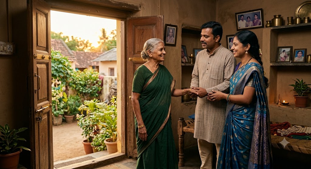 मुस्कुराती बुज़ुर्ग माँ अपने बेटे-बहू के साथ घर के आँगन में खड़ी, परिवार के अपनापन और सुरक्षा का भावनात्मक दृश्य।