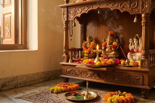 सुबह की पूजा में मंदिर के सामने जलता हुआ घी का दीपक