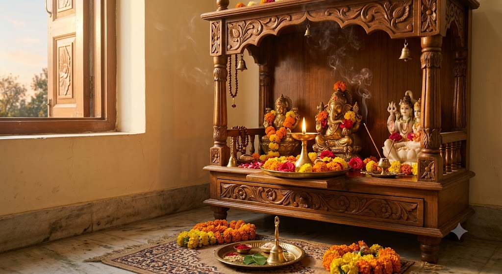 सुबह की पूजा में मंदिर के सामने जलता हुआ घी का दीपक