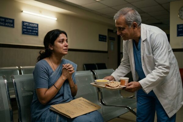 अस्पताल में चिंतित पत्नी को सहारा देते संवेदनशील डॉक्टर का भावनात्मक दृश्य