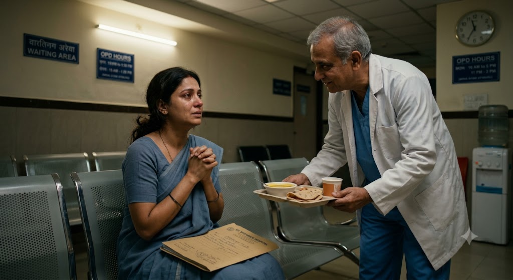 अस्पताल में चिंतित पत्नी को सहारा देते संवेदनशील डॉक्टर का भावनात्मक दृश्य