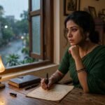 एक महिला द्वारा पुराने अंदाज में प्रेम पत्र लिखते हुए भावनात्मक दृश्य, मेज पर कागज, कलम और यादों का माहौल।