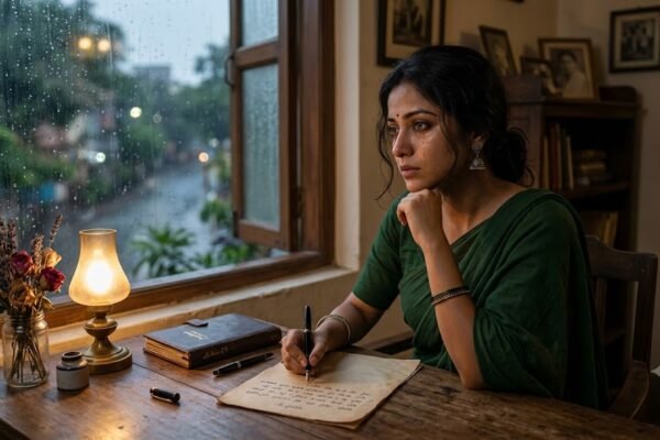 एक महिला द्वारा पुराने अंदाज में प्रेम पत्र लिखते हुए भावनात्मक दृश्य, मेज पर कागज, कलम और यादों का माहौल।