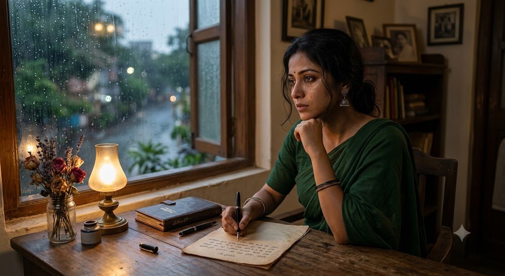 एक महिला द्वारा पुराने अंदाज में प्रेम पत्र लिखते हुए भावनात्मक दृश्य, मेज पर कागज, कलम और यादों का माहौल।