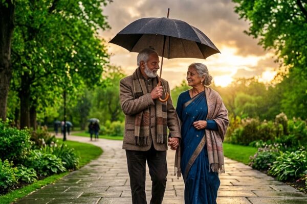 एक छाते के नीचे बारिश में साथ चलते प्रेमी युगल का भावनात्मक दृश्य, प्रेम और समर्पण पर आधारित हिंदी कविता।