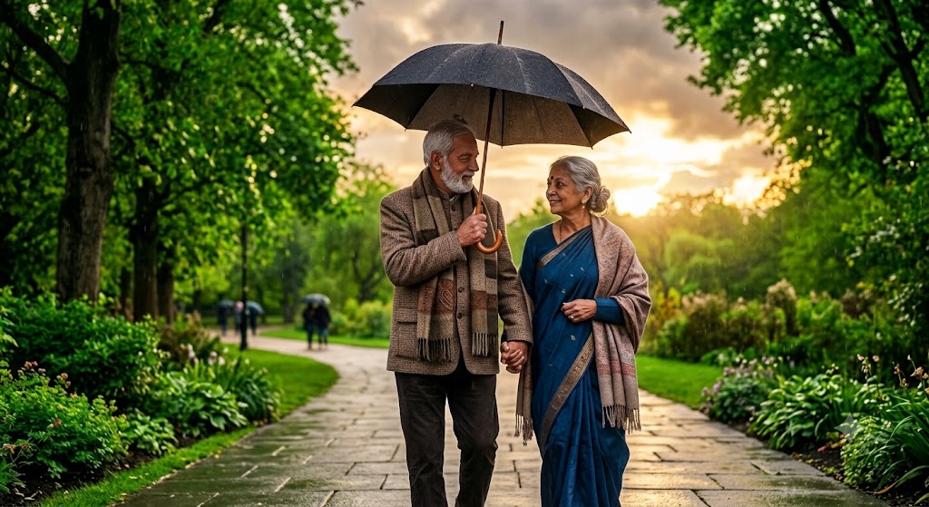एक छाते के नीचे बारिश में साथ चलते प्रेमी युगल का भावनात्मक दृश्य, प्रेम और समर्पण पर आधारित हिंदी कविता।
