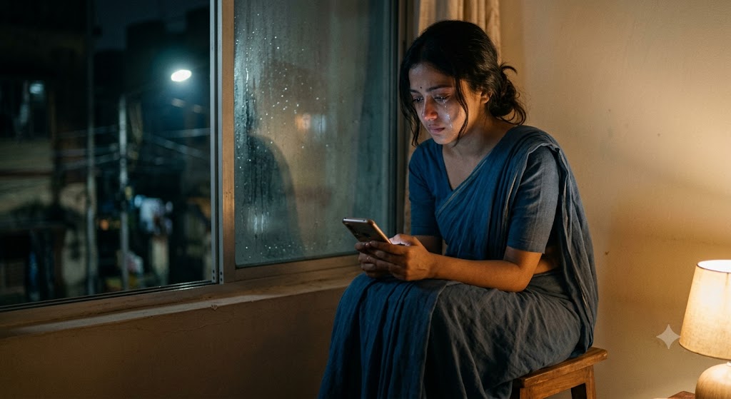 मोबाइल पर बात करती उदास महिला की सांकेतिक तस्वीर
